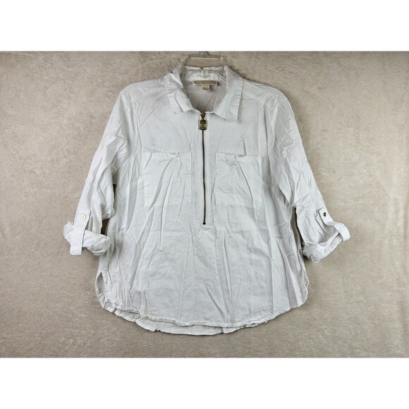 Michael Kors MK Half Zip Roll Tab Linen Shirt Top Size L - Picture 1 of 3